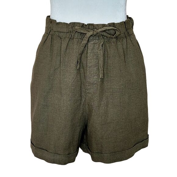 Uniqlo Linen Blend Olive Green Pull-on, Cuffed Shorts Tie Waist Women's Medium - Picture 1 of 10